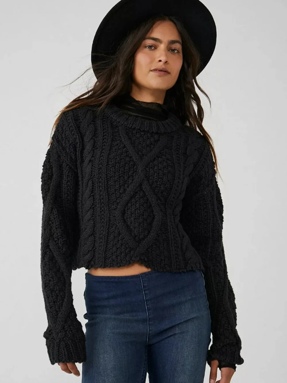 Free People Cutting Edge Cable Knit Cropped Sweater 100% Cotton in Black Size XS
